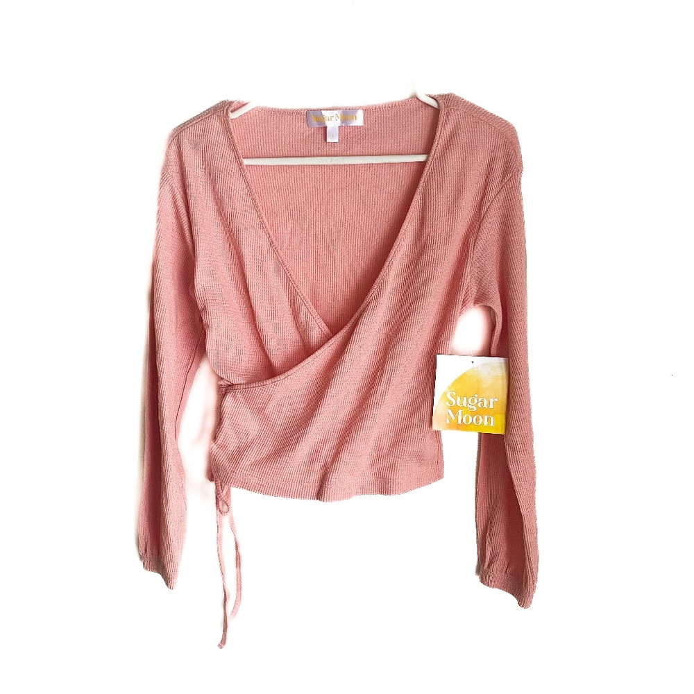 Sugar Moon Women's Long Sleeve V- Neck Crop Top Size Small Peach Pink